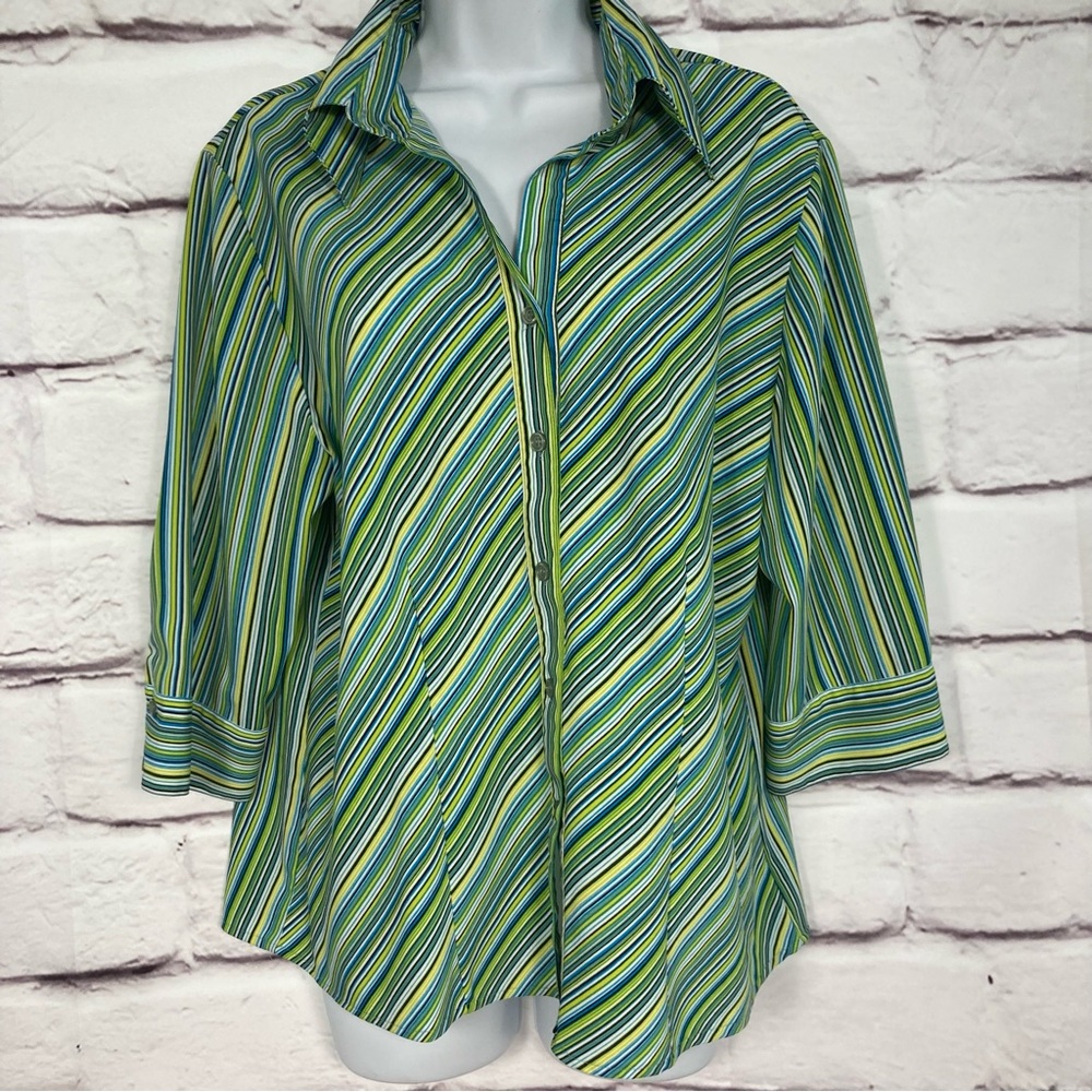 Appàrenza Stretch Button down Shirt SZ PL Green Stripes 3/4 Sleeves EUC